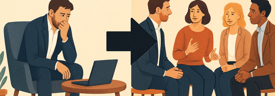 Un dirigeant seul face à son ordinateur évolue vers un échange en groupe, symbolisant le passage de l’isolement à la coopération dans un cadre d’intelligence collective.