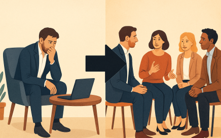 Un dirigeant seul face à son ordinateur évolue vers un échange en groupe, symbolisant le passage de l’isolement à la coopération dans un cadre d’intelligence collective.