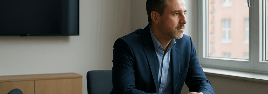 Manager seul à une table, regard vers la fenêtre – solitude managériale