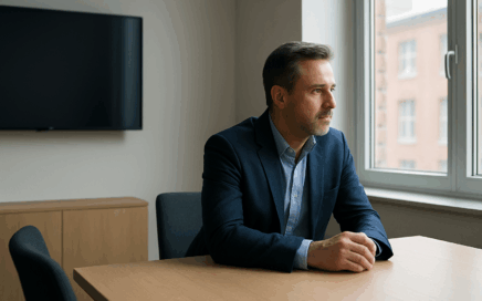 Manager seul à une table, regard vers la fenêtre – solitude managériale