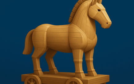 Illustration d’un cheval de Troie en bois, métaphore d’outils qui ouvrent la coopération en intelligence collective.