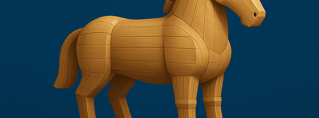 Illustration d’un cheval de Troie en bois, métaphore d’outils qui ouvrent la coopération en intelligence collective.